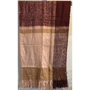 Super Soft and Lightweight Fringed Plaid Scarf Dark Red, Brown, LOOK By M